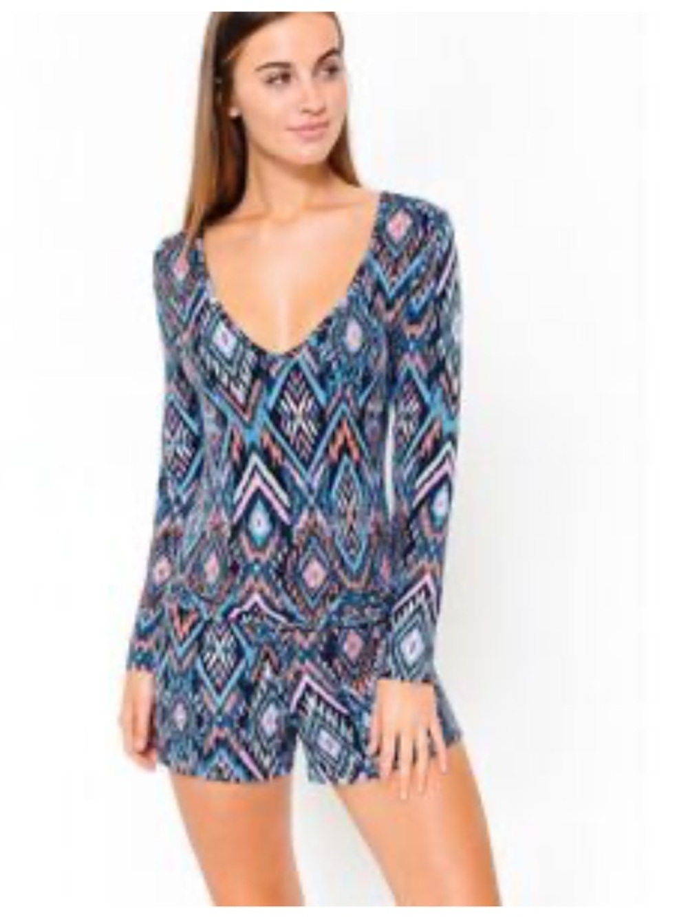 Michael Lauren V-Neck Long Sleeve Patterned Romper